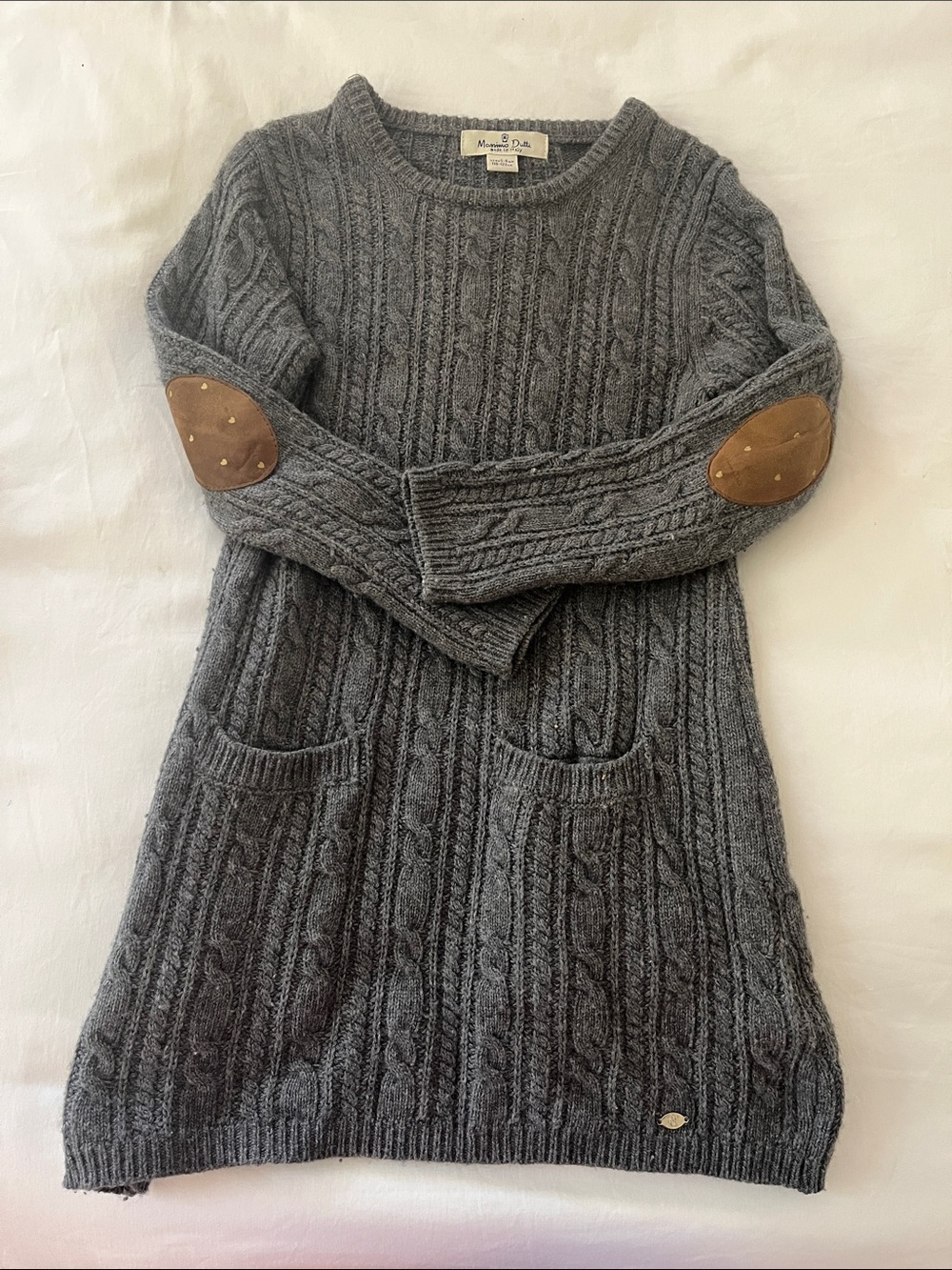 Massimo Dutti Gray Cable Knit Dress with Tan Elbow Patches